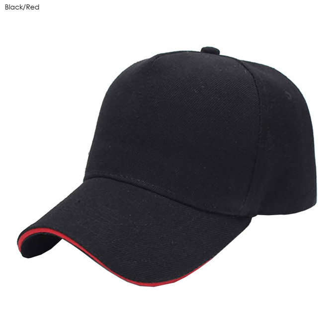 A black and red heavy cotton sandwich cap featuring a curved peak and a logo.