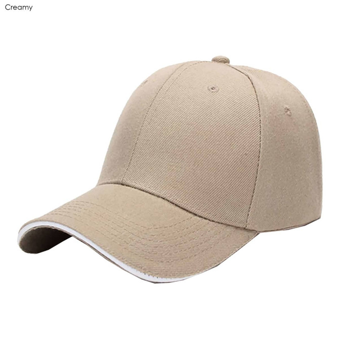 A creamy beige cap with a six-panel design and a curved brim, featuring a logo on the front.
