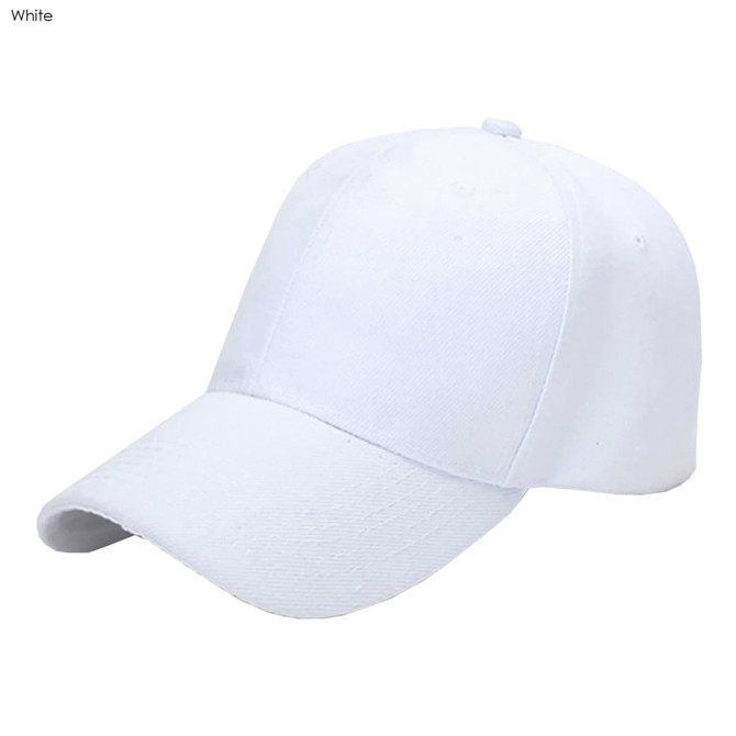 A white six-panel heavy cotton cap featuring a curved brim and a logo on the front.