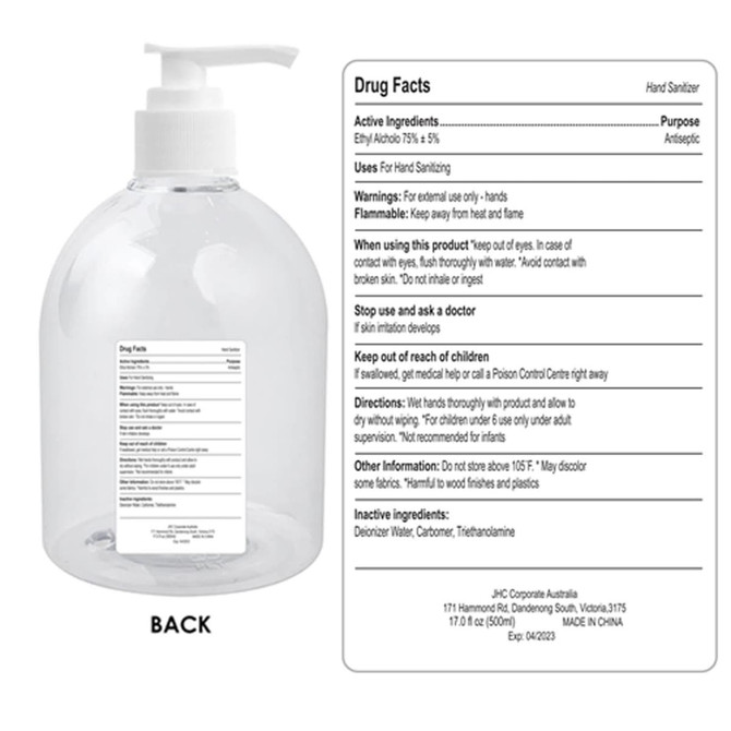 A clear 500ml hand sanitiser gel bottle with a pump dispenser, containing 75% alcohol and a logo.