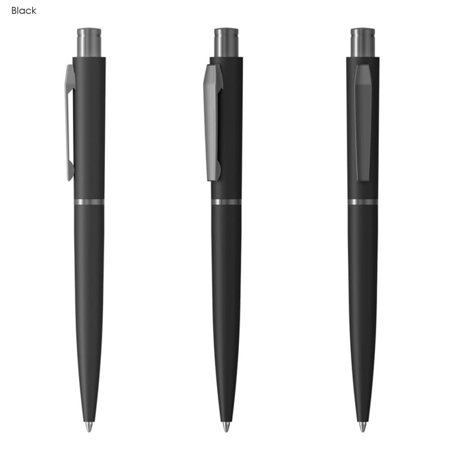 A black metal pen featuring a sleek design, with a clip and silver detailing. It has a logo on the barrel.