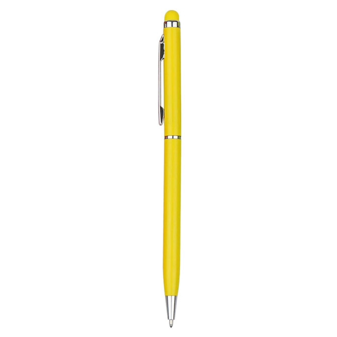 A yellow stylus pen with a shiny silver clip, featuring a smooth design and an integrated logo.