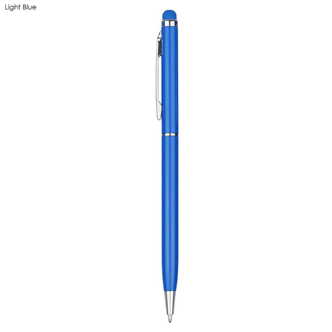A light blue stylus pen with a sleek design and a silver clip, featuring branding on the side.