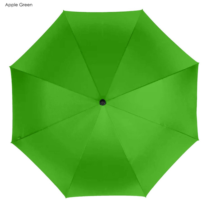 A green golf umbrella with a central button and spokes, featuring a solid colour design.