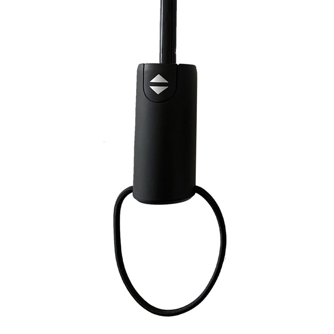 A black umbrella handle with a logo and a loop for easy carrying.