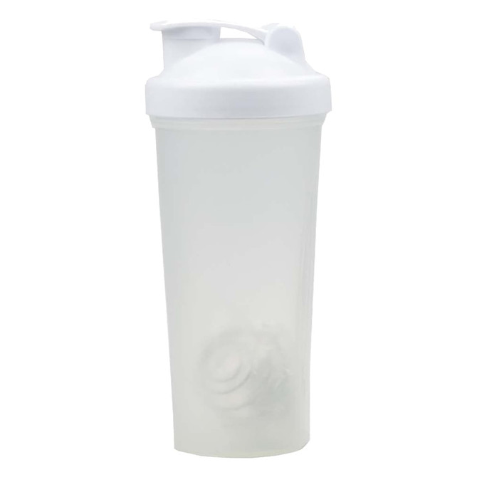 A drink bottle with a white lid and an opaque body, featuring a mixer ball inside.