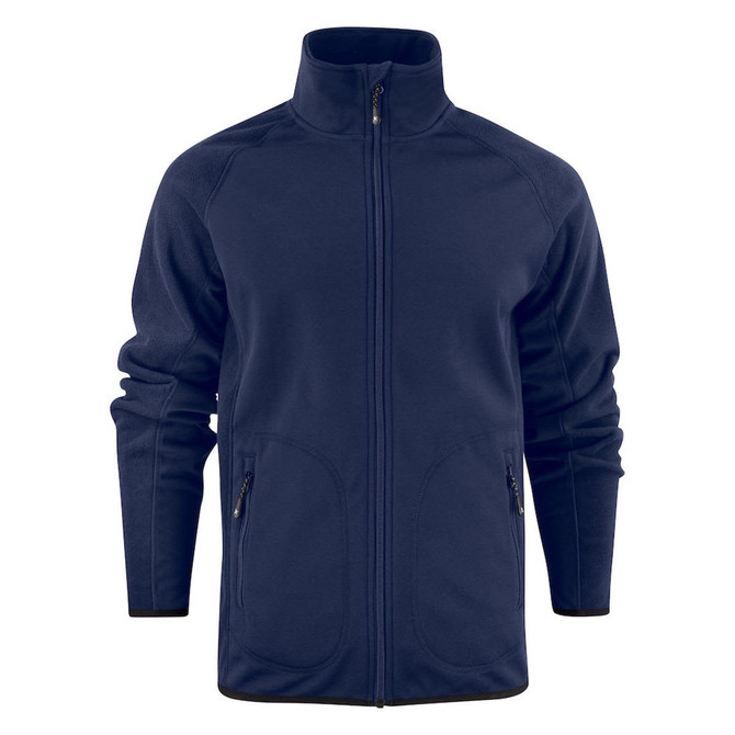 A navy softshell fleece hybrid jacket with a front zipper and two side pockets. It features a collar and has a logo.