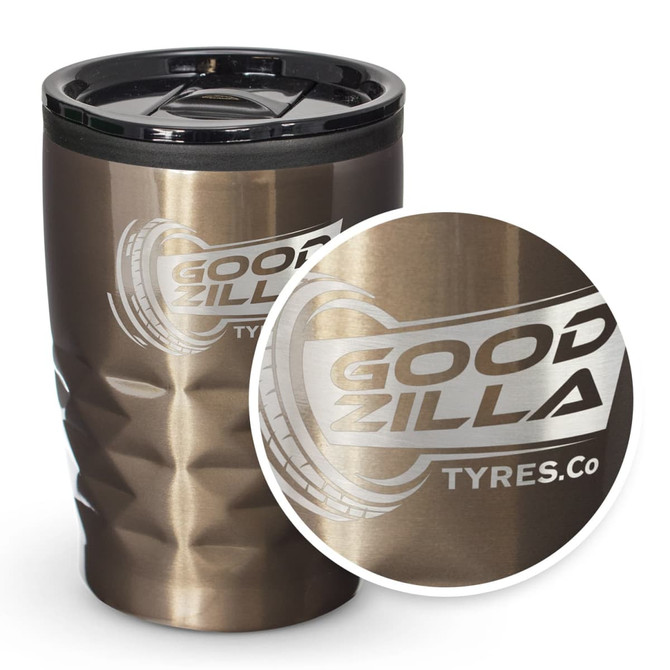 A drink bottle in a bronze colour with a textured design and a black lid. It features a logo.