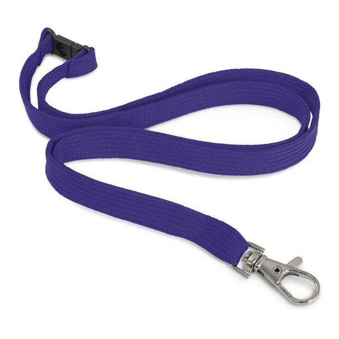 A custom printed lanyard in purple, featuring a silver clip and a plastic buckle.