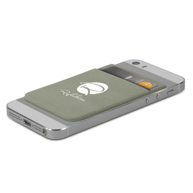 A green Lycra phone wallet with a logo, attached to a silver smartphone, holding a credit card.