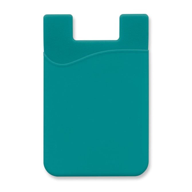 A teal silicone phone wallet with a smooth surface and a small cut-out at the top, featuring a logo.
