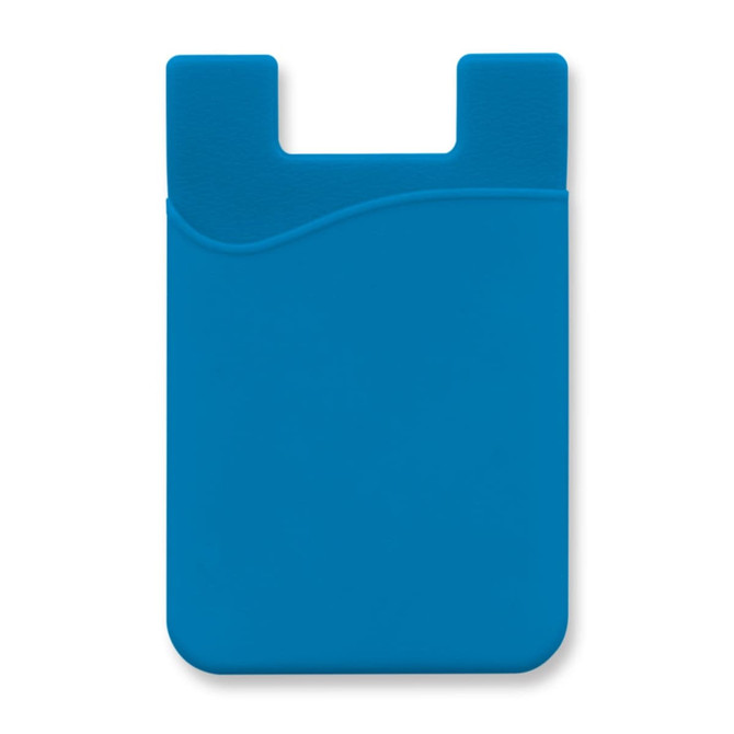 A blue silicone phone wallet with a subtle wave design and a slot at the top. It features a logo.
