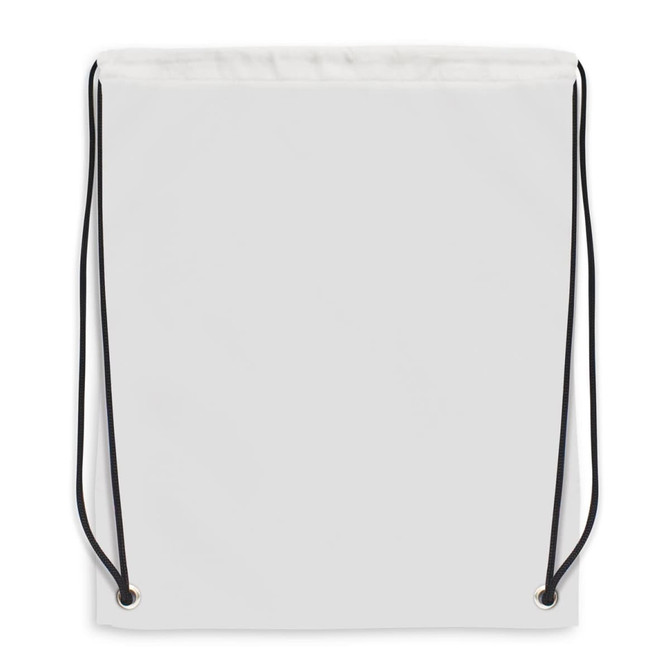 A white drawstring backpack with black straps and a simple design, featuring a small logo.