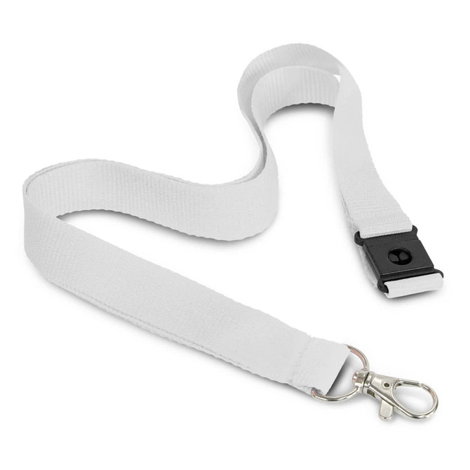 A white lanyard featuring a metal clip and a plastic buckle, designed for holding items securely.