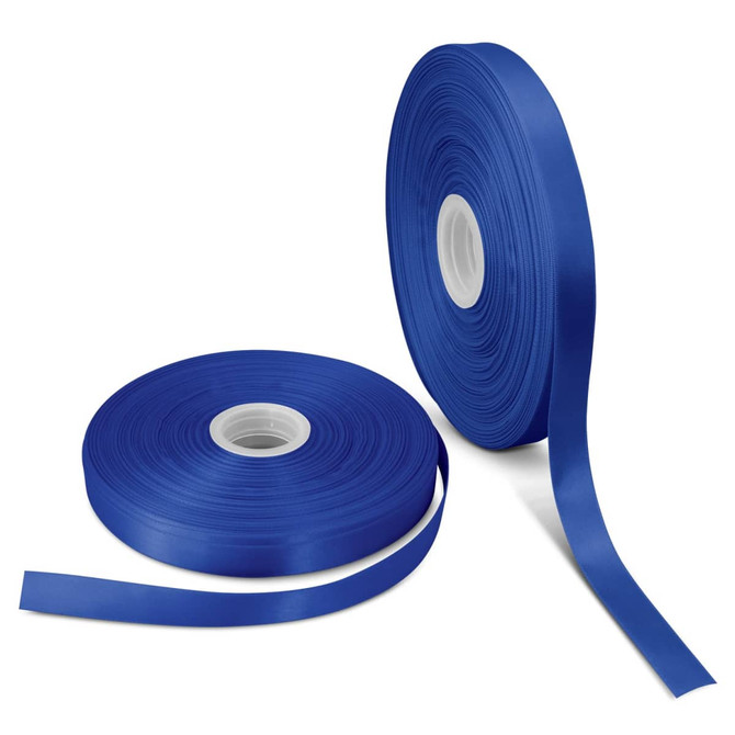 Two rolls of blue personalised ribbon, each with a smooth satin finish and held on a central spool.
