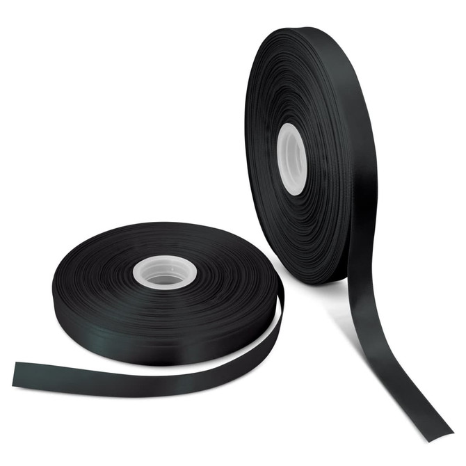 Two rolls of 15mm personalised ribbon in black, featuring a smooth finish and a logo on one roll.