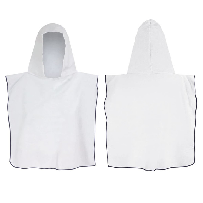 A white kids hooded towel with a textured design and a contrasting navy border, featuring a central hood.