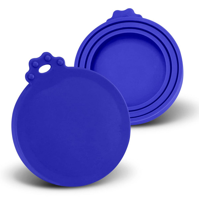 A set of blue silicone reusable can lids, featuring a rounded design and a small handle for easy removal.