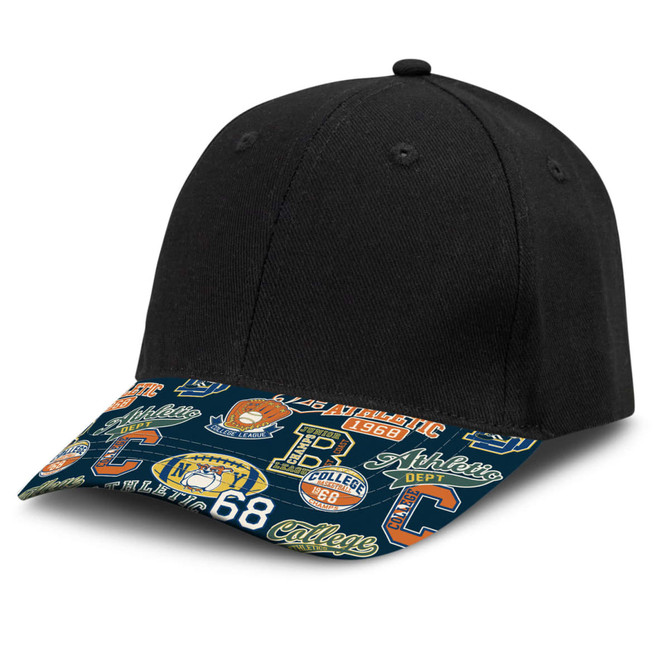 A black cap with a patterned peak featuring various logos and text in colours like blue, orange, and yellow.