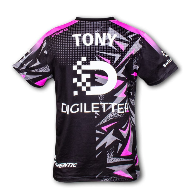 A custom men's sports V-neck T-shirt in black with pink and geometric patterns, featuring a logo on the back.