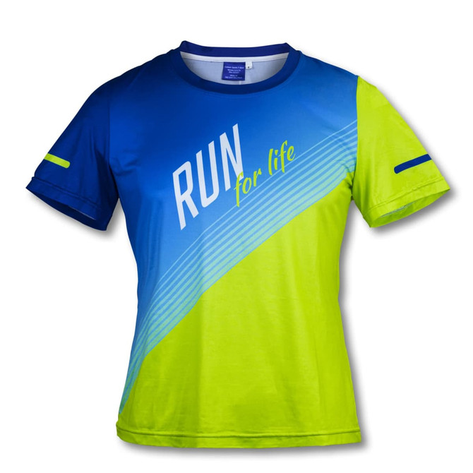 A custom women's sports T-shirt in blue and neon green with a logo and a bold design.
