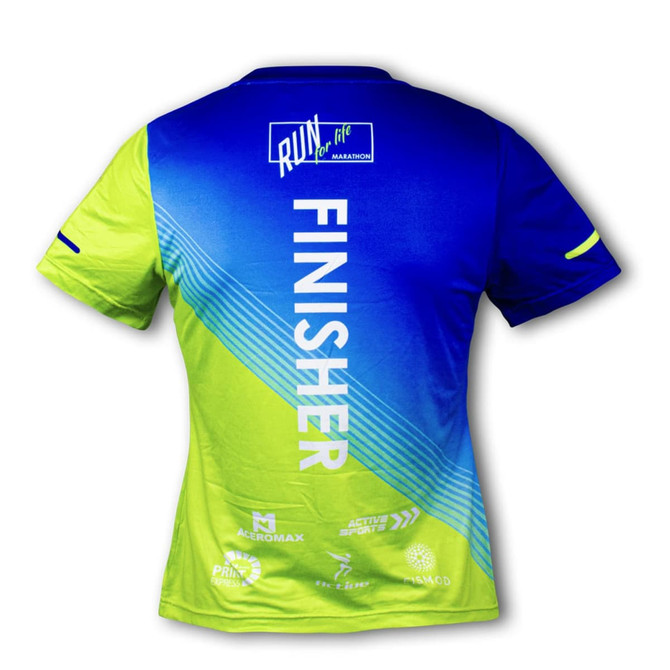A women's sports t-shirt featuring a blue and green gradient design, with a logo and text on the back.