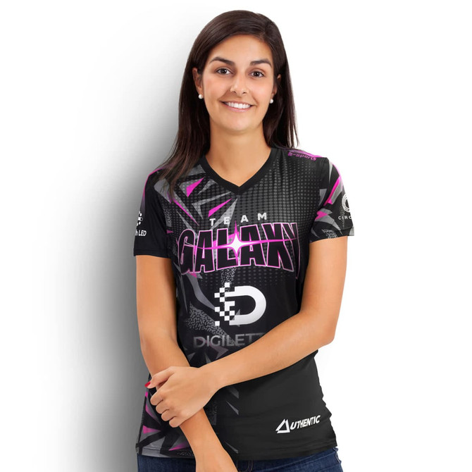 A women's black V-neck sports T-shirt with pink and grey designs, featuring a logo.