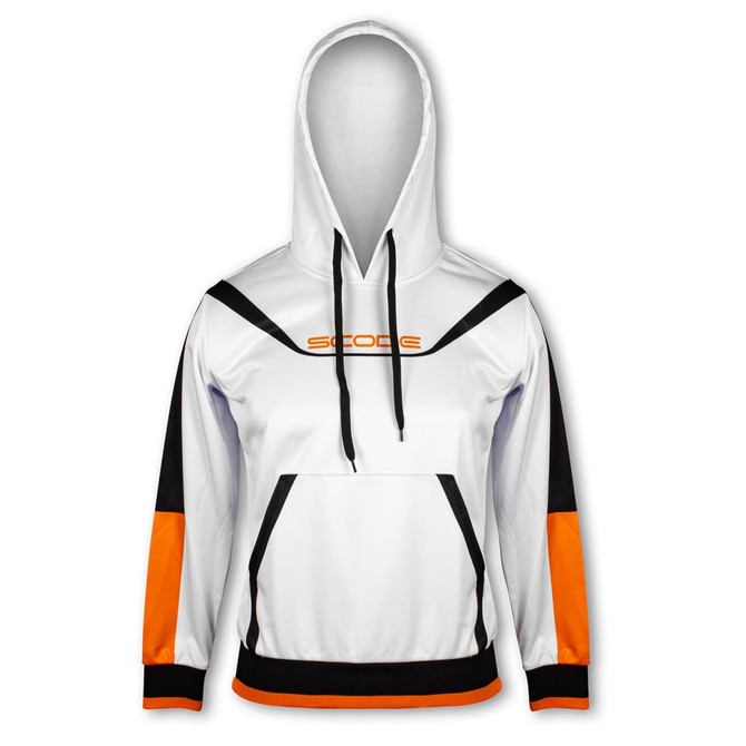 A white hoodie featuring black and orange details, with a front pocket and a branded logo.