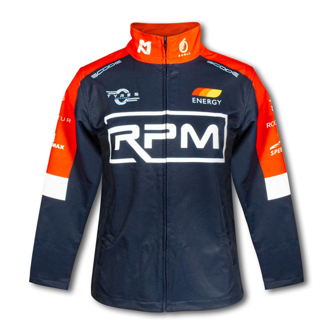 A premium softshell jacket featuring a navy blue base with red accents and a logo on the front.