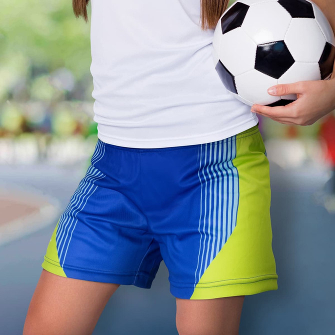 Bright blue and lime green women's sports shorts with a logo, designed for athletic activities.