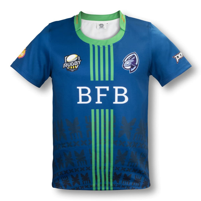 A blue men's rugby T-shirt featuring green accents and a logo, designed for sports uniforms.