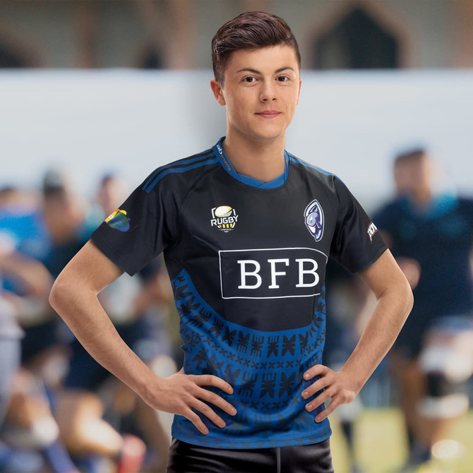 A performance rugby T-shirt in black and blue, featuring a logo and styled with sporty details.