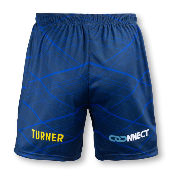 Custom men's soccer shorts in navy blue with blue geometric patterns and a logo on the right side.