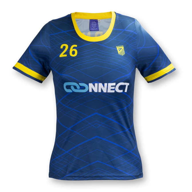A women's soccer top in navy blue with yellow accents and a logo. Features a geometric pattern and number 26.