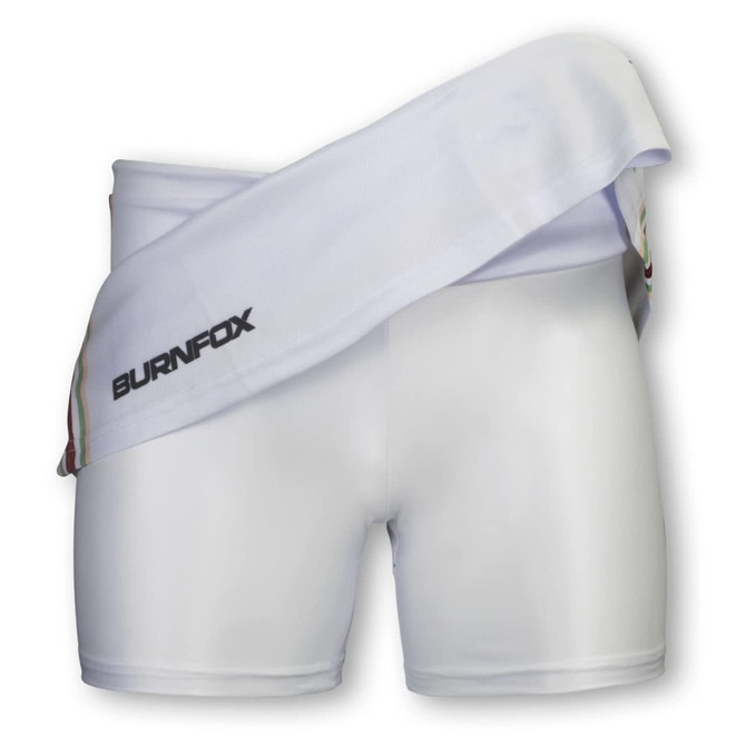 A white sports skirt with a wide waist band and a logo on the side.