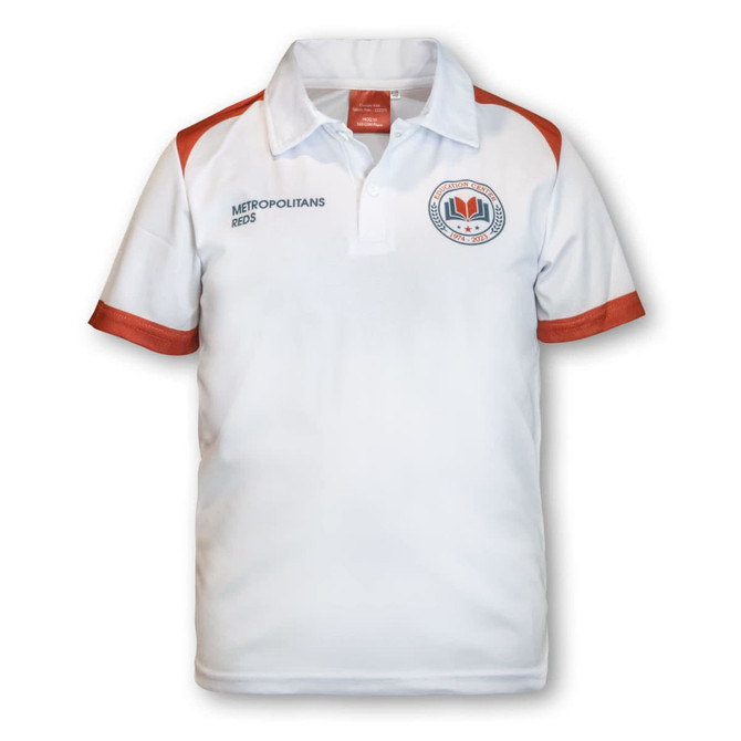 A white sports polo with orange accents and a logo on the chest, designed for kids.