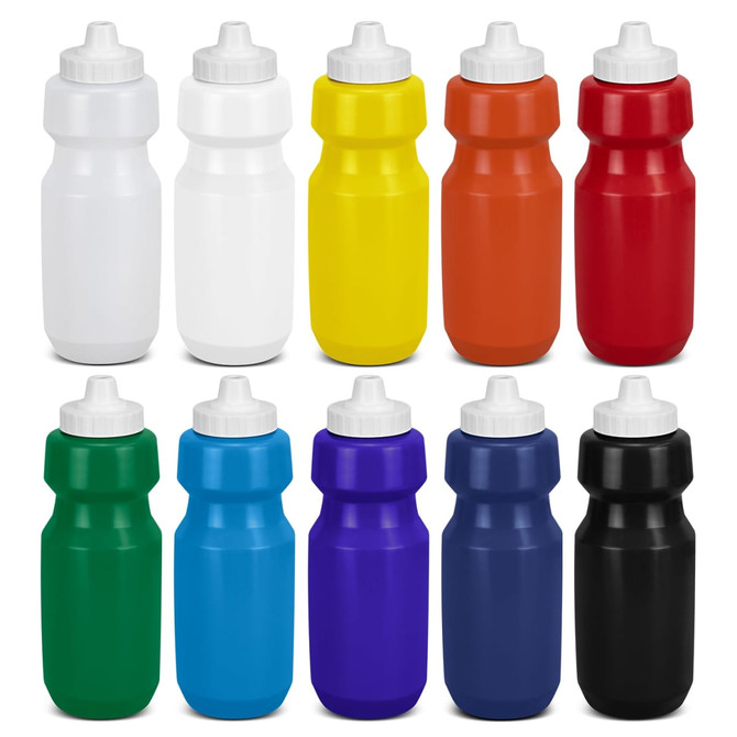 A drink bottle collection featuring white, yellow, orange, green, blue, purple, navy, and black colours with caps.
