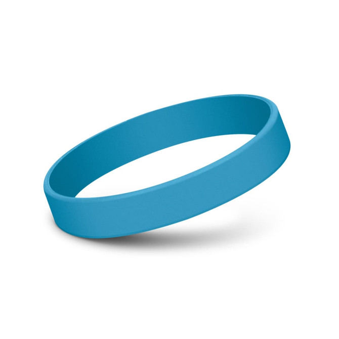A blue silicone wristband with a smooth, debossed finish. It has a simple, solid design and features a logo.