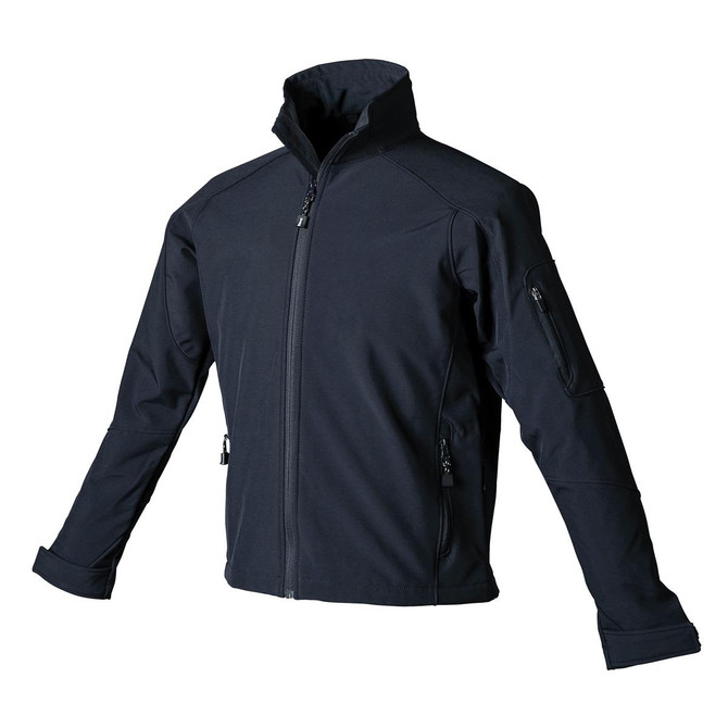 A black women's softshell jacket featuring a high collar and zippered pockets, with an attached logo.