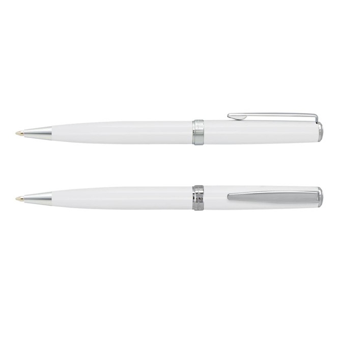 A set of two white metal pens with chrome accents and clips, featuring a sleek and elegant design.