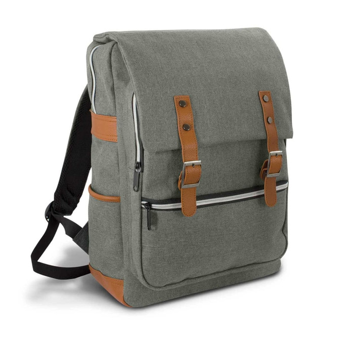 A green backpack with brown straps and a zippered front pocket, featuring a logo on the exterior.