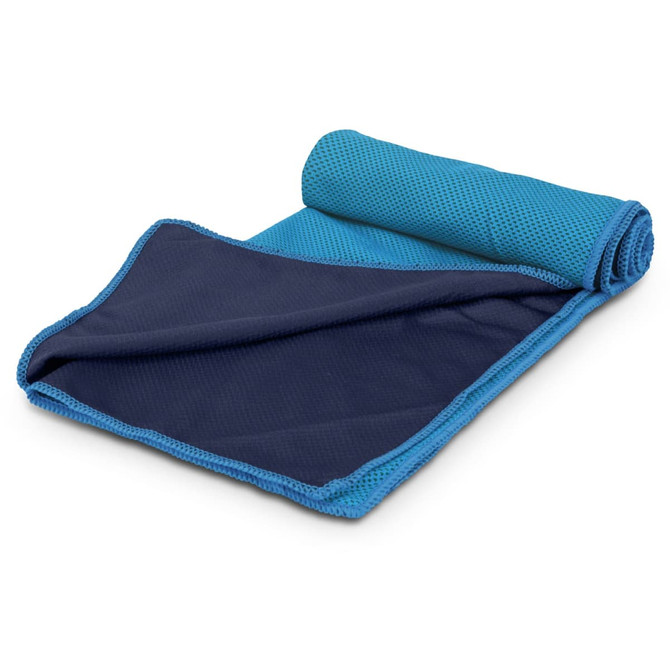 A rolled-up cooling towel in blue and navy, featuring a textured surface and a smooth side. It has a logo.
