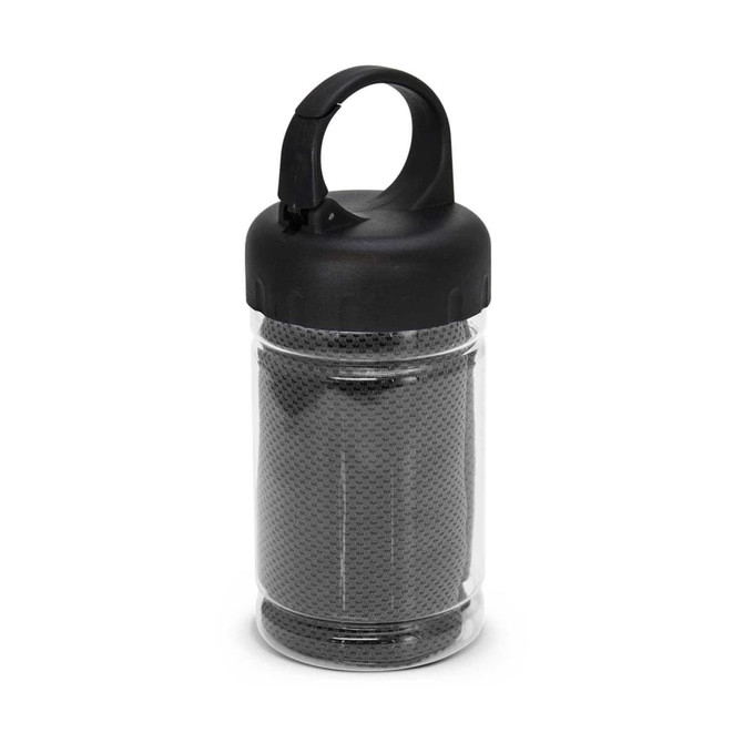 A black tube containing a grey cooling towel, featuring a handle for easy carrying. It has a branding logo.
