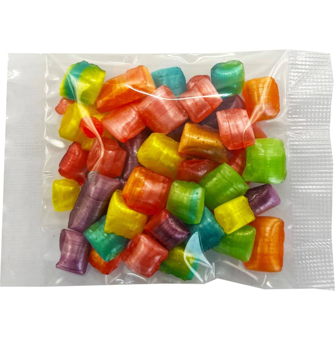 A clear bag containing colourful humbug sweets in shades of red, orange, yellow, green, blue, and purple.