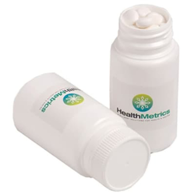 A white pill jar containing mints, featuring a logo on the front, with a screw-on lid.
