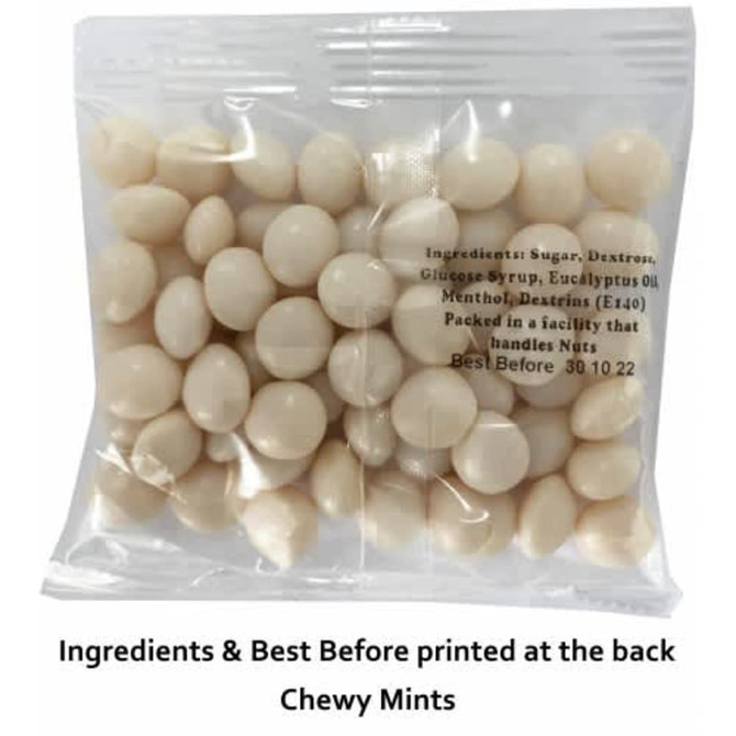 A clear plastic bag filled with white chewy mints. The pack includes a logo and ingredient information on the back.