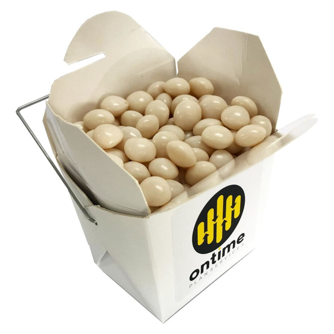 A white cardboard noodle box filled with light cream mints, featuring a logo on the side.