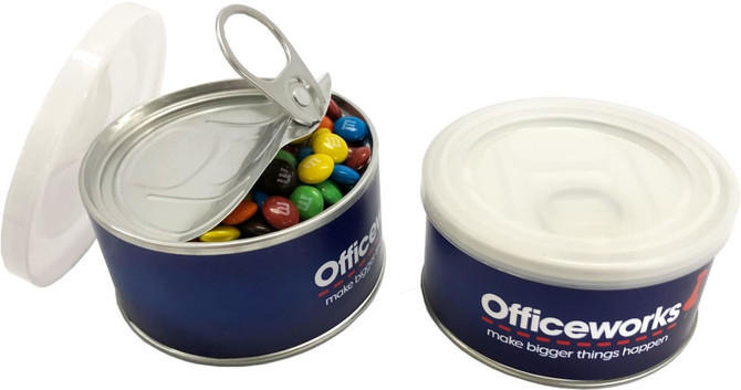 A small pull can with a silver lid, filled with colourful Mini M&Ms, featuring a logo on the side.
