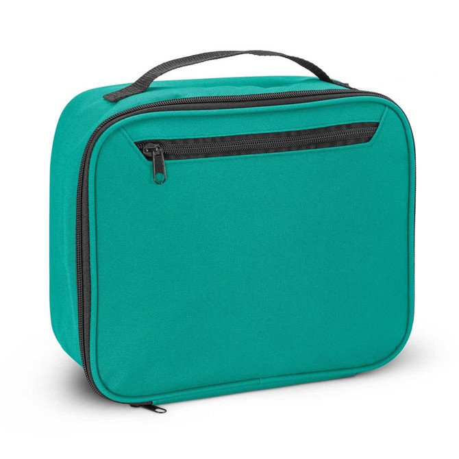 A teal lunch cooler bag with a front zip pocket and a sturdy handle for easy carrying. It features a simple design and a logo.