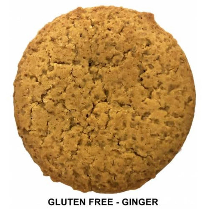 A gluten-free ginger biscuit, round and golden brown, displayed against a white background.